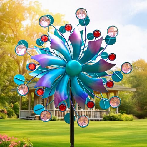 MXwcy 360°Solar Wind Spinner with Lights Blue Metal Garden Outdoor Decor Yard Lawn Art Decor for Patio Kinetic Windmills Unique Gifts for Friends and Family 60.63'' H x 13.38'' Dia - Image 1