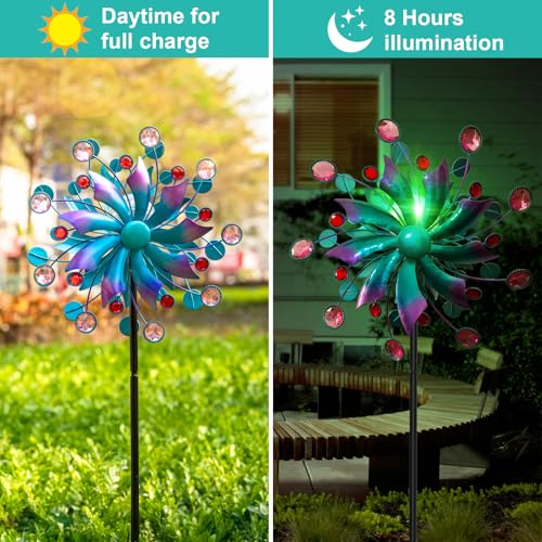 MXwcy 360°Solar Wind Spinner with Lights Blue Metal Garden Outdoor Decor Yard Lawn Art Decor for Patio Kinetic Windmills Unique Gifts for Friends and Family 60.63'' H x 13.38'' Dia - Image 4