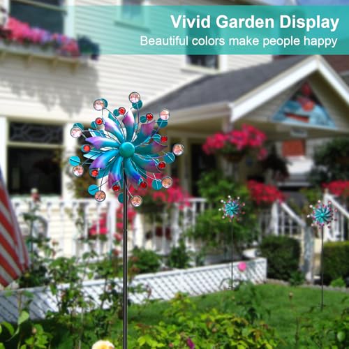 MXwcy 360°Solar Wind Spinner with Lights Blue Metal Garden Outdoor Decor Yard Lawn Art Decor for Patio Kinetic Windmills Unique Gifts for Friends and Family 60.63'' H x 13.38'' Dia - Image 2