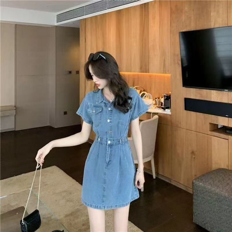 Hong Kong Style Denim Skirt chic2025 Spring and Summer New Waist Slimming Elegant Light Mature Style Denim dress Womens Summer Blue
