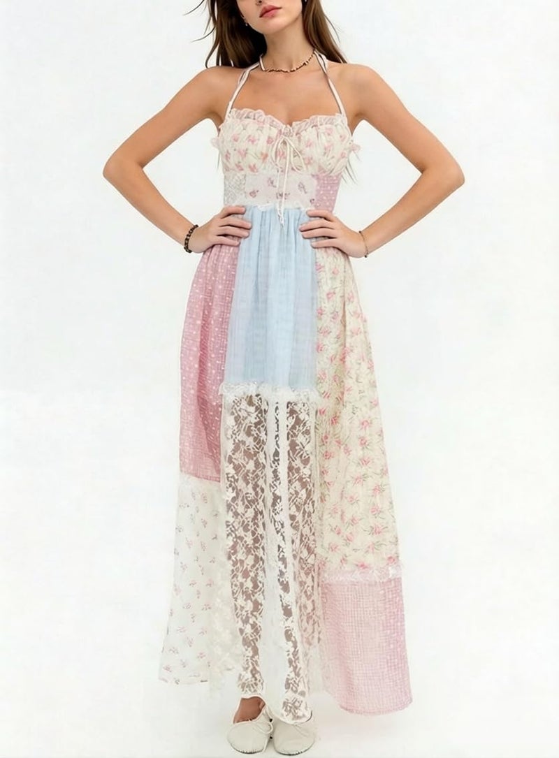 Argeousgor Women Boho Patchwork Maxi Dress Sleeveless Floral Flowy Smocked Long Dress Summer Beach Sundresses - Image 3