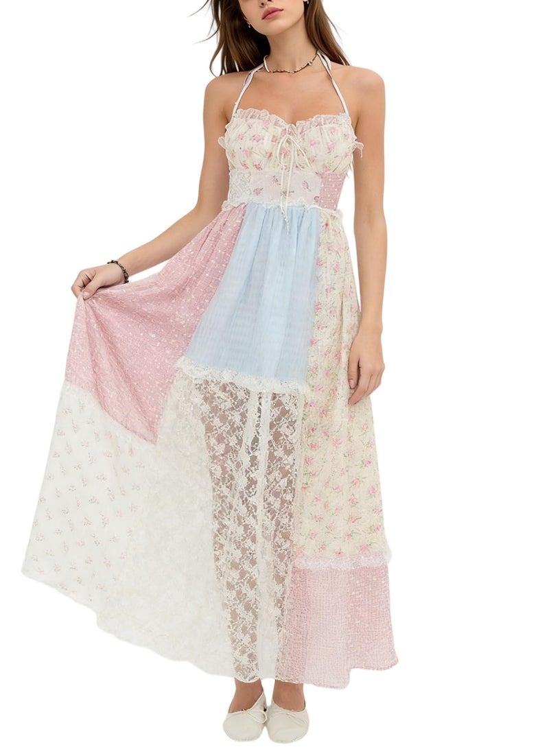 Argeousgor Women Boho Patchwork Maxi Dress Sleeveless Floral Flowy Smocked Long Dress Summer Beach Sundresses - Image 1