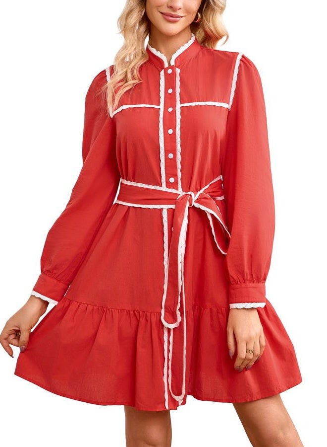 YEXPINE Womens Button Down Cotton Shirt Dress Long Sleeve Stand Collar Lace Trim Ruffle Tiered Swing Belt Mini Dress with Pockets, Red, S - Image 1