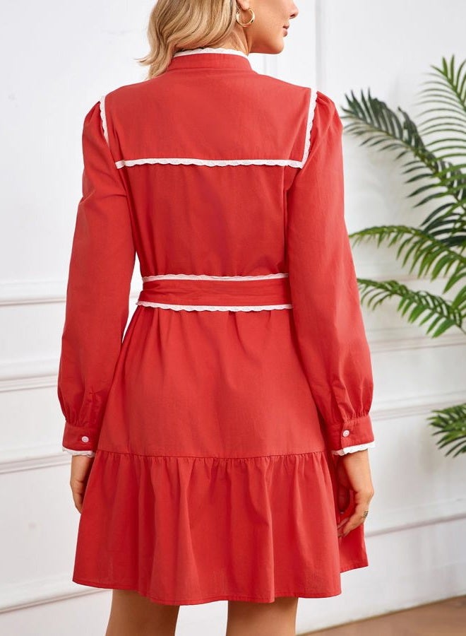 YEXPINE Womens Button Down Cotton Shirt Dress Long Sleeve Stand Collar Lace Trim Ruffle Tiered Swing Belt Mini Dress with Pockets, Red, S - Image 2
