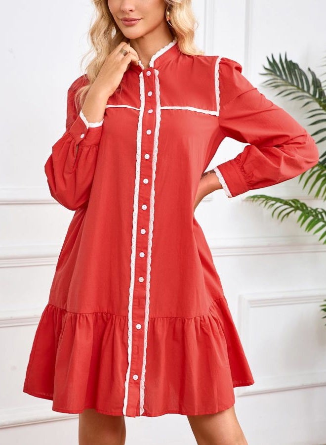 YEXPINE Womens Button Down Cotton Shirt Dress Long Sleeve Stand Collar Lace Trim Ruffle Tiered Swing Belt Mini Dress with Pockets, Red, S - Image 4
