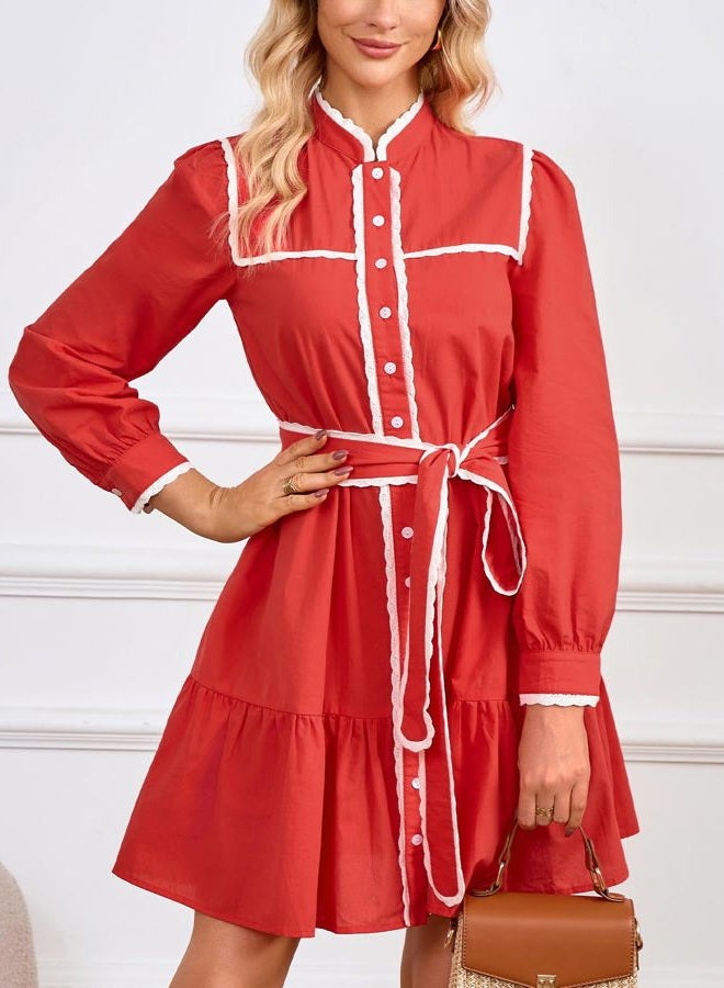 YEXPINE Womens Button Down Cotton Shirt Dress Long Sleeve Stand Collar Lace Trim Ruffle Tiered Swing Belt Mini Dress with Pockets, Red, S - Image 5