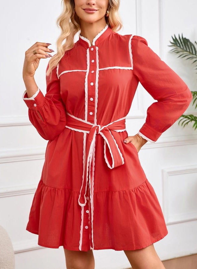 YEXPINE Womens Button Down Cotton Shirt Dress Long Sleeve Stand Collar Lace Trim Ruffle Tiered Swing Belt Mini Dress with Pockets, Red, S - Image 3