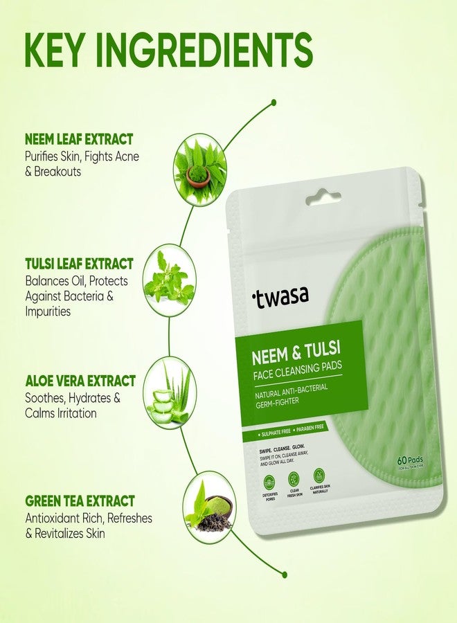 Twasa Neem & Tulsi Face Cleansing Pads (60 Pads) | Deep Cleansing & Purifying for Acne-Prone Skin With Aloe Vera, Green Tea & Pro-Vitamin B5 - Controls Oil, Clears Pores & Refreshes Skin - Pack of 1 - Image 3