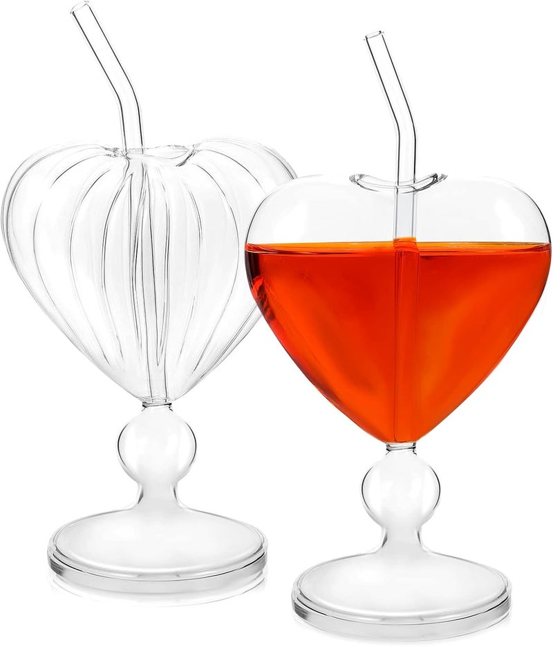 Alipis Heartshaped Cocktail Glasses Clear Wine Glasses Beverage Juice Glass 8 Ounce Barware Glassware with Straws for Party Wedding 2Pcs - Image 1
