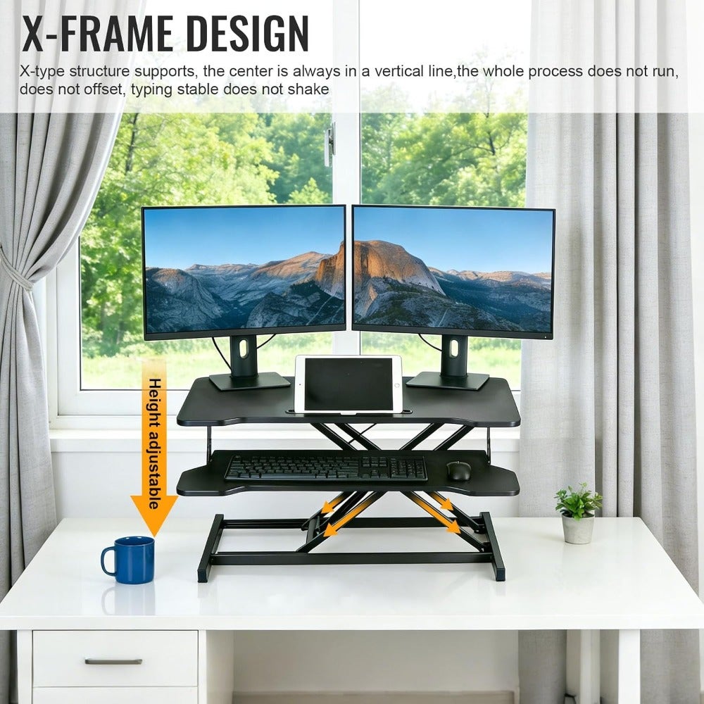 Height Adjustable Standing Desk 32" Wide Sit to Stand Desk Converter with Keyboard Tray, Ergonomic Sit to Stand Up Riser for Home Office Laptop, Black