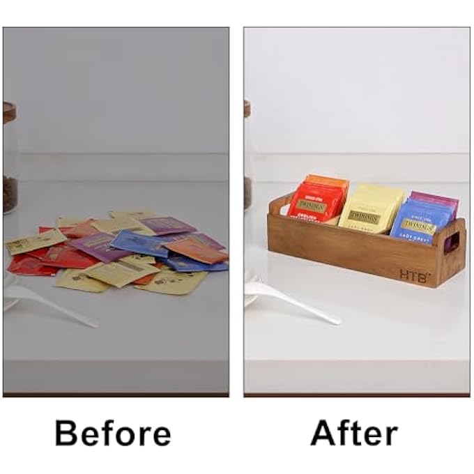 HTB Small Tea Bag Box Wooden 3 Compartments Acacia Wood Tea Bag Chest With Handle Mini Countertop Divided Storage Container For Beverage Supplies Sugar Sweeteners Individual Packets - Image 4