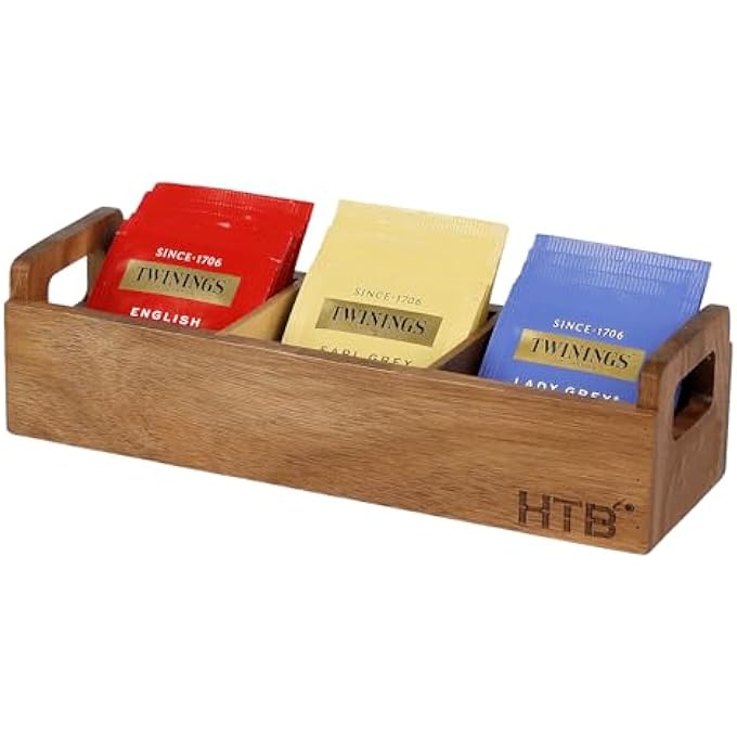 HTB Small Tea Bag Box Wooden 3 Compartments Acacia Wood Tea Bag Chest With Handle Mini Countertop Divided Storage Container For Beverage Supplies Sugar Sweeteners Individual Packets - Image 2