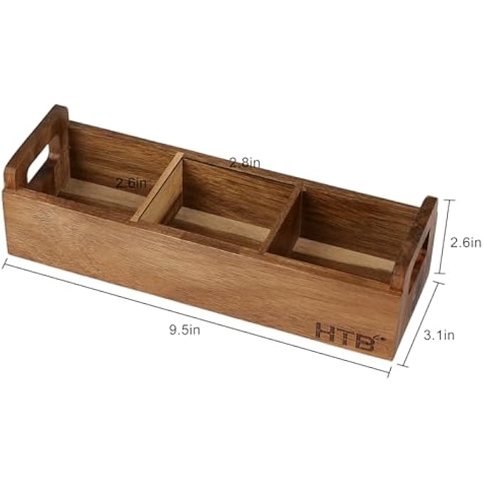 HTB Small Tea Bag Box Wooden 3 Compartments Acacia Wood Tea Bag Chest With Handle Mini Countertop Divided Storage Container For Beverage Supplies Sugar Sweeteners Individual Packets - Image 3