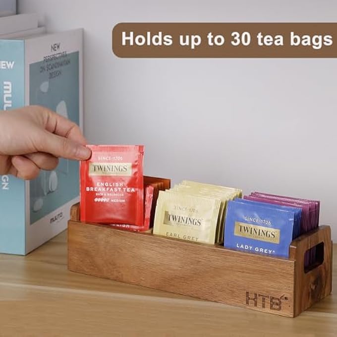 HTB Small Tea Bag Box Wooden 3 Compartments Acacia Wood Tea Bag Chest With Handle Mini Countertop Divided Storage Container For Beverage Supplies Sugar Sweeteners Individual Packets - Image 5