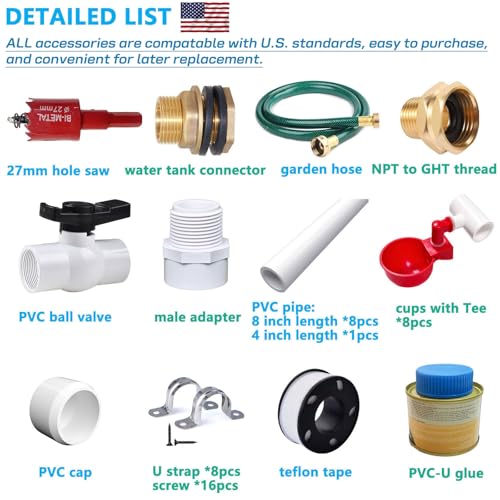 letsFix Automatic Chicken Watering System with PVC Pipe (Real Complete Set Pipeline) - 1/2" PVC Tee Fittings & Pipe & Garden Hose Connect to Water Tank, Automatic Poultry Waterer Feeder Kit - Image 5