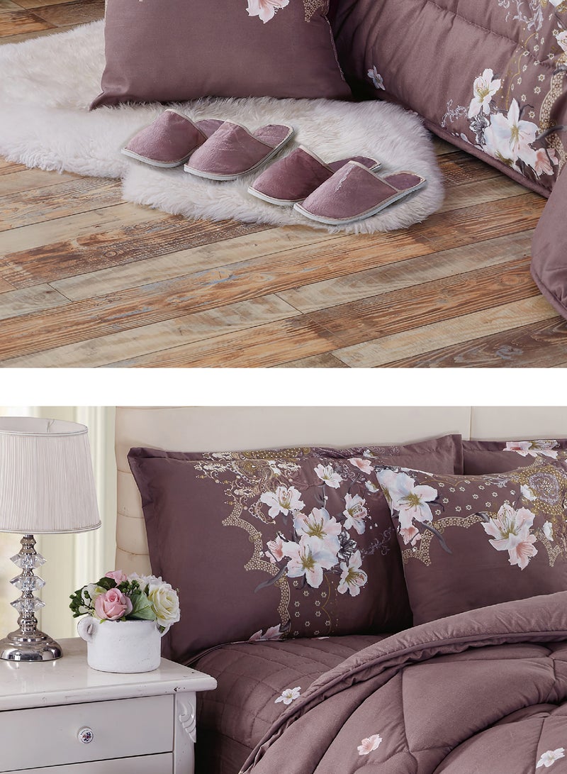Moon Bed In A Bag Medium Filling King Size Comforter Set, 10 Pcs Floral Bedding Set Size 220 X 240 Cm with Comforter, Quilted Bed Skirt, Pillowcases, Cushion & Bedroom Slipper, Multicolor  - Image 3