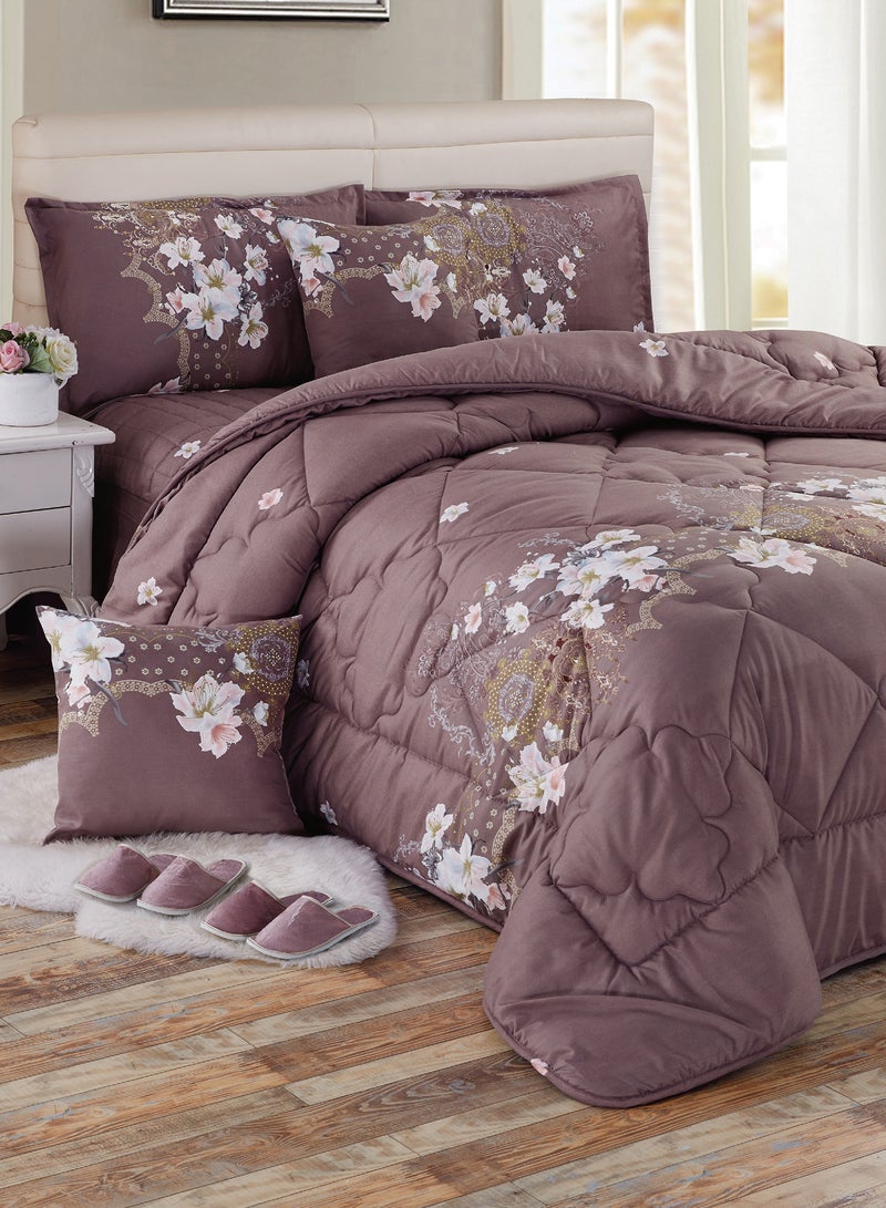 Moon Bed In A Bag Medium Filling King Size Comforter Set, 10 Pcs Floral Bedding Set Size 220 X 240 Cm with Comforter, Quilted Bed Skirt, Pillowcases, Cushion & Bedroom Slipper, Multicolor  - Image 1