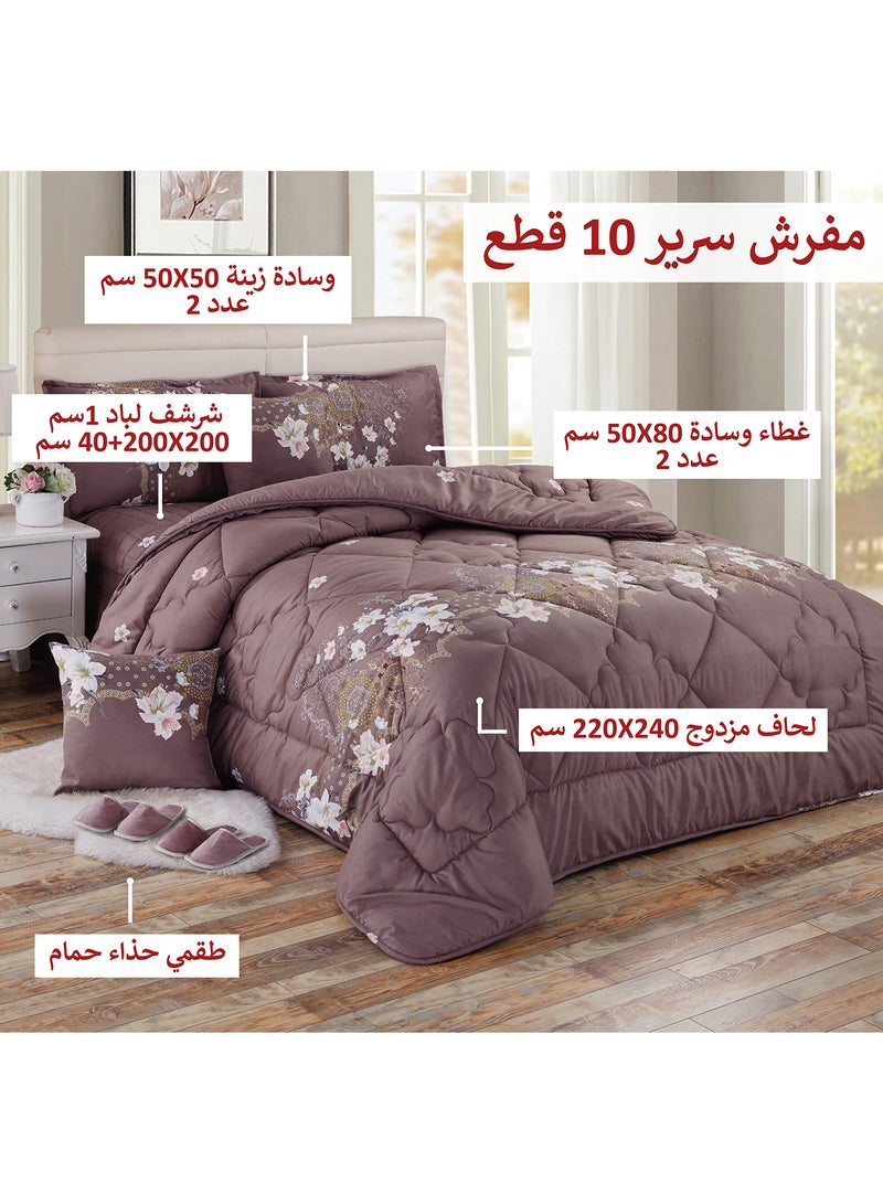 Moon Bed In A Bag Medium Filling King Size Comforter Set, 10 Pcs Floral Bedding Set Size 220 X 240 Cm with Comforter, Quilted Bed Skirt, Pillowcases, Cushion & Bedroom Slipper, Multicolor  - Image 2