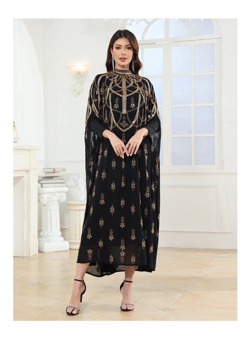 Luxury Women Royal Black Gold Mock Neck Abaya jalabiya Sequin Beaded cloak sleeve Embroidered Arab abayas Kaftan for Party, Wedding, Family gathering - Image 4