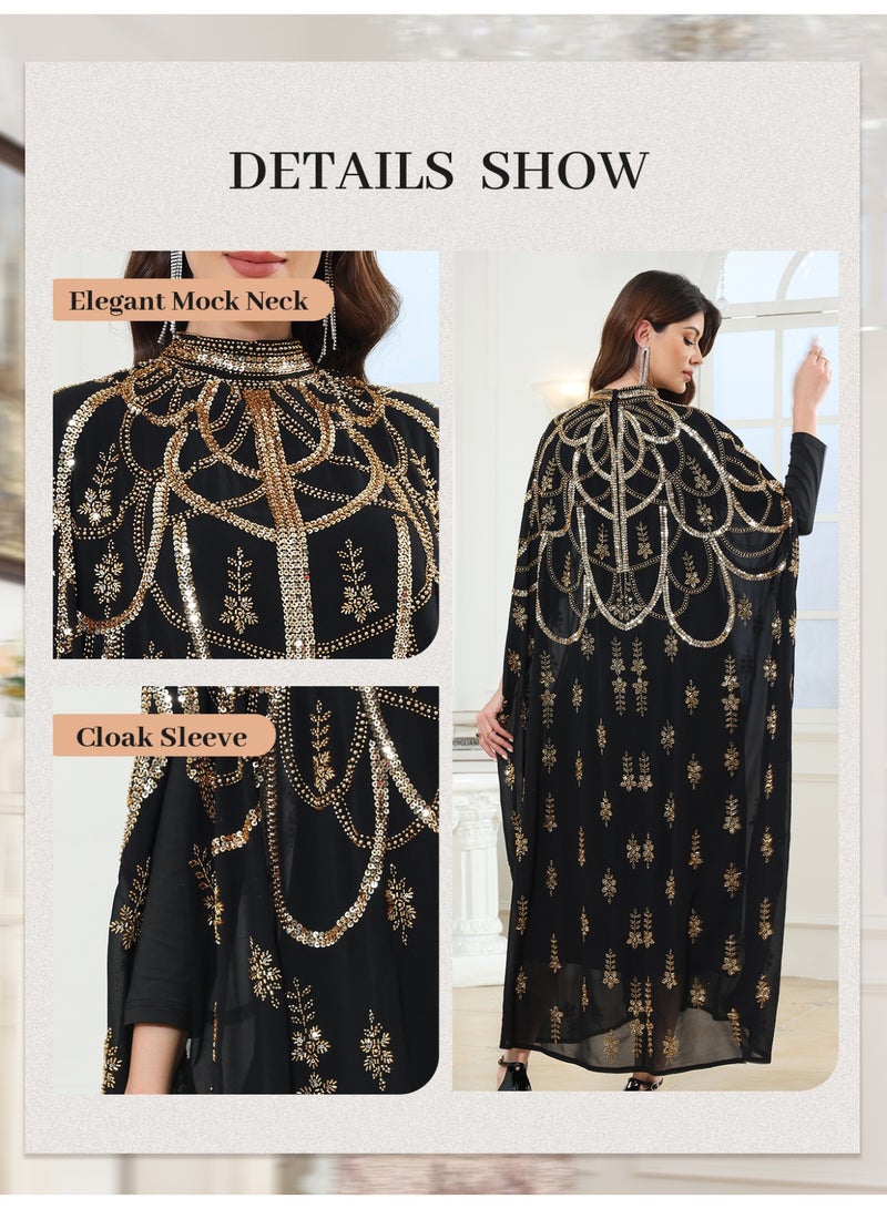 Luxury Women Royal Black Gold Mock Neck Abaya jalabiya Sequin Beaded cloak sleeve Embroidered Arab abayas Kaftan for Party, Wedding, Family gathering - Image 3