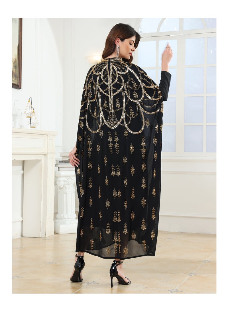 Luxury Women Royal Black Gold Mock Neck Abaya jalabiya Sequin Beaded cloak sleeve Embroidered Arab abayas Kaftan for Party, Wedding, Family gathering - Image 5