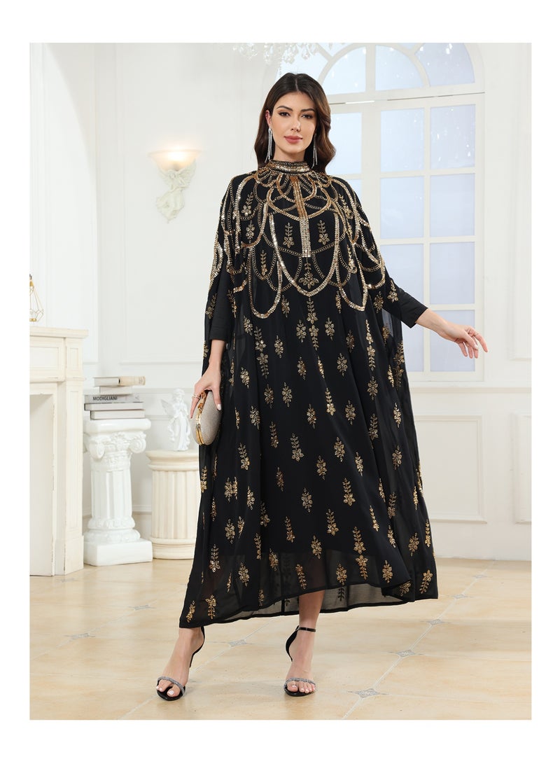 Luxury Women Royal Black Gold Mock Neck Abaya jalabiya Sequin Beaded cloak sleeve Embroidered Arab abayas Kaftan for Party, Wedding, Family gathering - Image 2