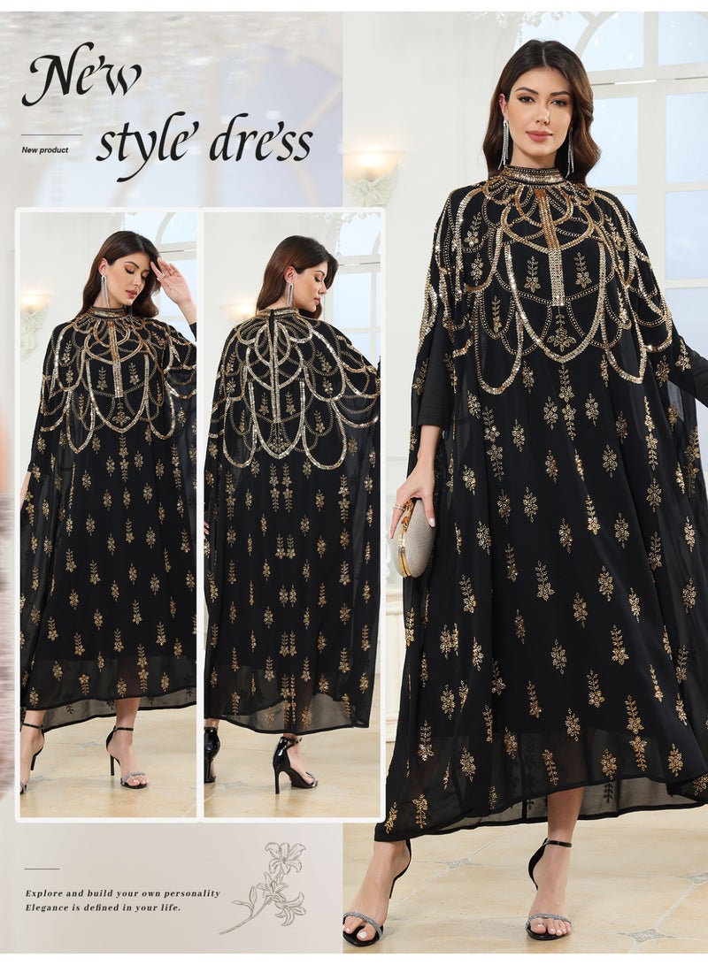Luxury Women Royal Black Gold Mock Neck Abaya jalabiya Sequin Beaded cloak sleeve Embroidered Arab abayas Kaftan for Party, Wedding, Family gathering - Image 1