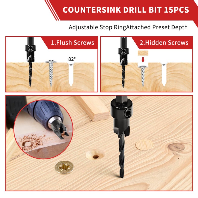 TEWORDA Countersink Drill Bit Set, 15 PCS Adjustable Tapered HSS Drill Bit Set for Woodworking, with Nitrided Surface, Wood Plug Cutters 1/4" Hex Shank Quick Change, for Wood Drilling with Storage Box - Image 2
