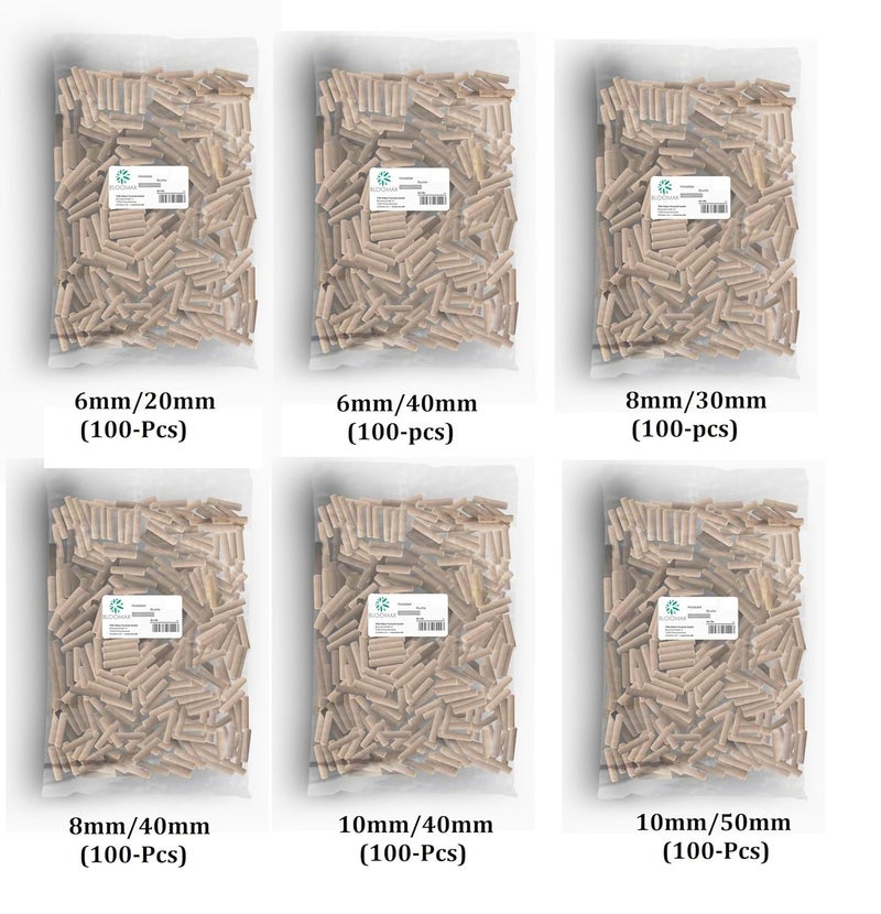 bloomax ® حزمة شاملة 600 قطعة من دبابيس الخشب المصنوعة من الخشب الصلب موصل أثاث وحدات مثبت حلزوني مجوف 6مم-30/40مم، 8مم-30/40مم، 10مم-40/50مم 100 قطعة من كل حجم (إجمالي 600 قطعة) - Image 2