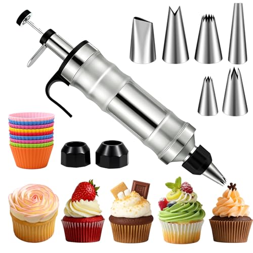 FANTEXY Dessert Decorating Syringe Set, Icing Piping Kit Stainless Steels Cake Decorating Tools 6 Piping Icing Nozzles Cupcake Decorating Kit - Image 1