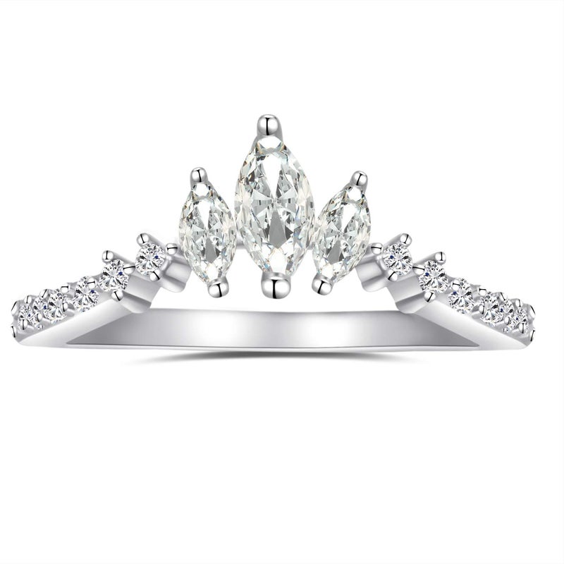 espere Rhodium Plated Sterling Silver Tiara & Crown Dainty Curved Wedding Band Ring Marquise Cut 3-Stone V Arched Promise Ring Size 6 - Image 1