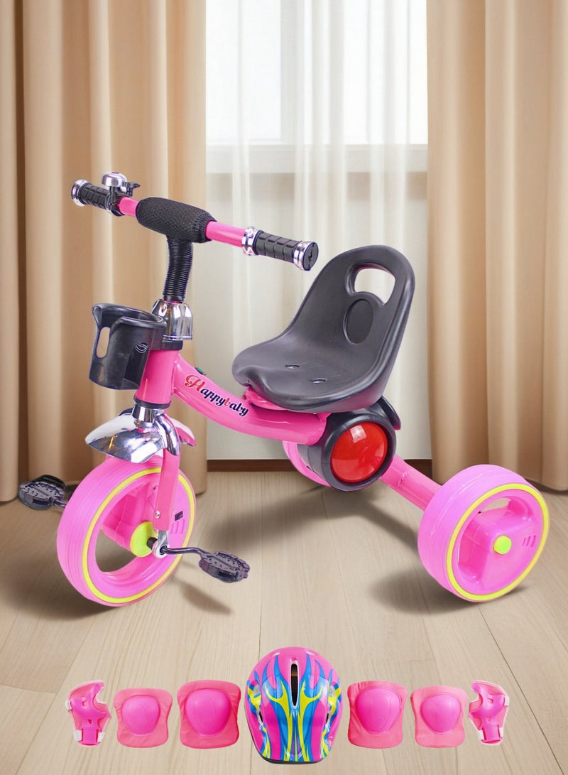 Children’s Baby Cycle Tricycle Ride-On Toy with LED Lights, Music & Storage Basket (Red/Blue/Pink) Package Include Full Protective Gear Set - Image 1