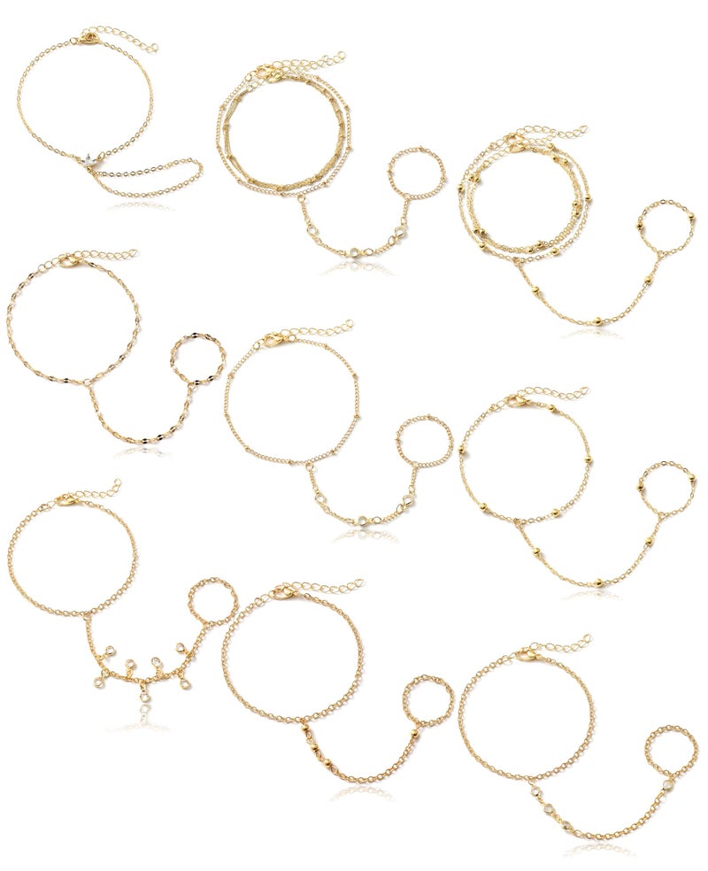 Tornito 9Pcs Hand Chain Bracelet for Women 18k Gold Plated Ring Bracelet Cubic Zircon Bead Flower Finger Bracelet Hand Jewelry Gold Tone Size Adjustable - Image 1