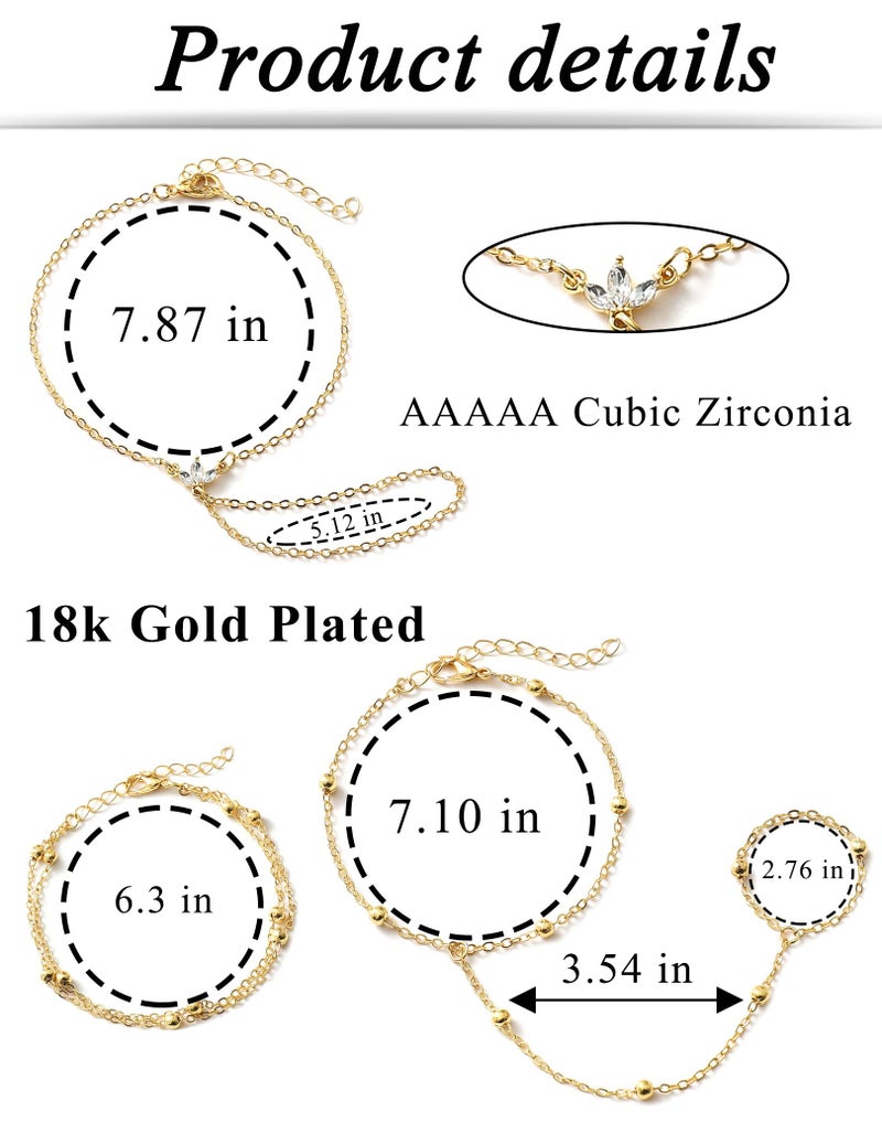 Tornito 9Pcs Hand Chain Bracelet for Women 18k Gold Plated Ring Bracelet Cubic Zircon Bead Flower Finger Bracelet Hand Jewelry Gold Tone Size Adjustable - Image 2