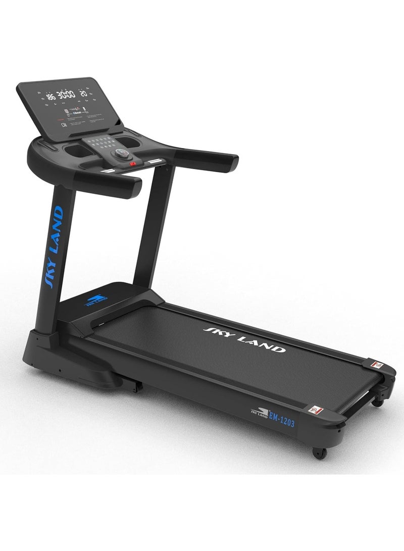 سكاي لاند جهاز المشي SKY LAND 7 HP - جهاز جري قابل للطي، خيارات محرك تيار متردد/تيار مستمر، بلوتوث، ميل تلقائي (20%)، أقصى وزن للمستخدم 150 كجم، سرعة 22 كم/ساعة - للاستخدام المنزلي وشبه التجاري - Image 1