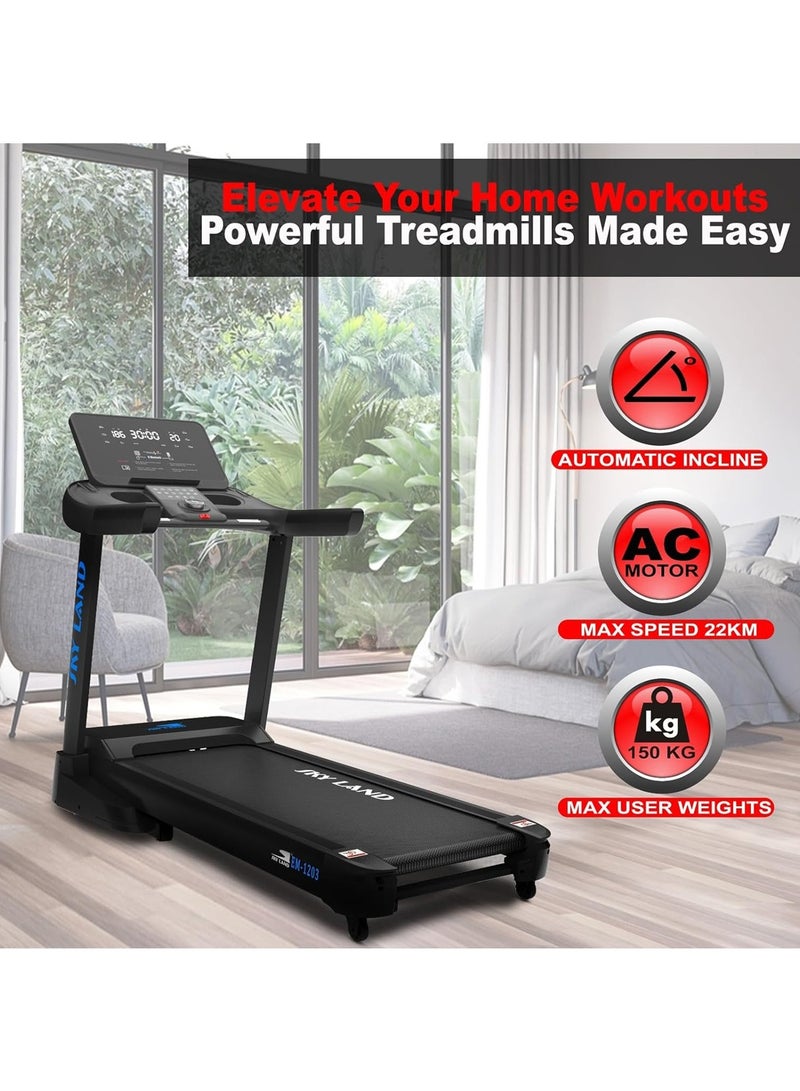 سكاي لاند جهاز المشي SKY LAND 7 HP - جهاز جري قابل للطي، خيارات محرك تيار متردد/تيار مستمر، بلوتوث، ميل تلقائي (20%)، أقصى وزن للمستخدم 150 كجم، سرعة 22 كم/ساعة - للاستخدام المنزلي وشبه التجاري - Image 5