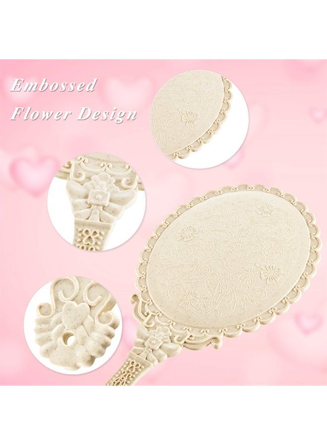 2 Pieces Vintage Handheld Mirror Portable Embossed Flower Mirror Hand Held Decorative Mirrors Compact Mirror with Handle for Face Makeup Travel Personal Cosmetic Salon Mirror (Pink, Cream)