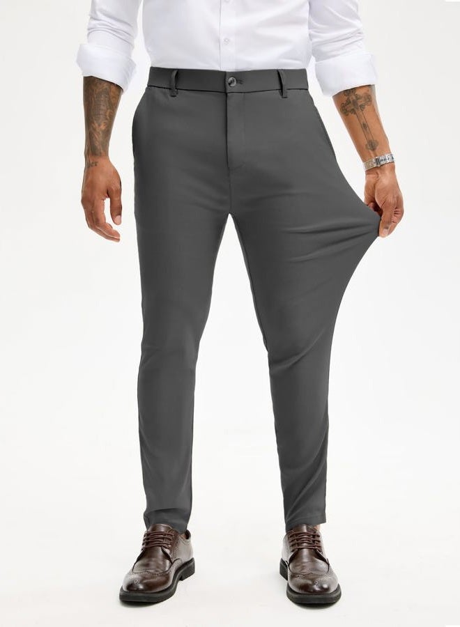 PLEPAN Men's Stretch Dress Pants Slim Fit Chino Casual Slacks Expandable Waist Golf Pant Tapered, Dark Gray, XXL - Image 4