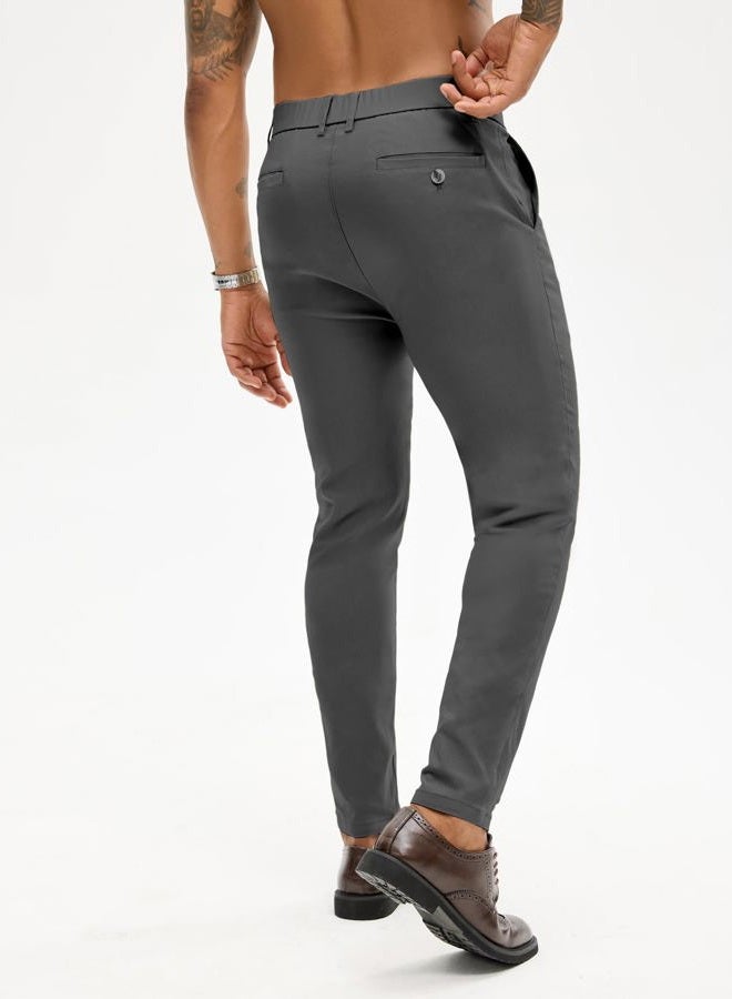 PLEPAN Men's Stretch Dress Pants Slim Fit Chino Casual Slacks Expandable Waist Golf Pant Tapered, Dark Gray, XXL - Image 2