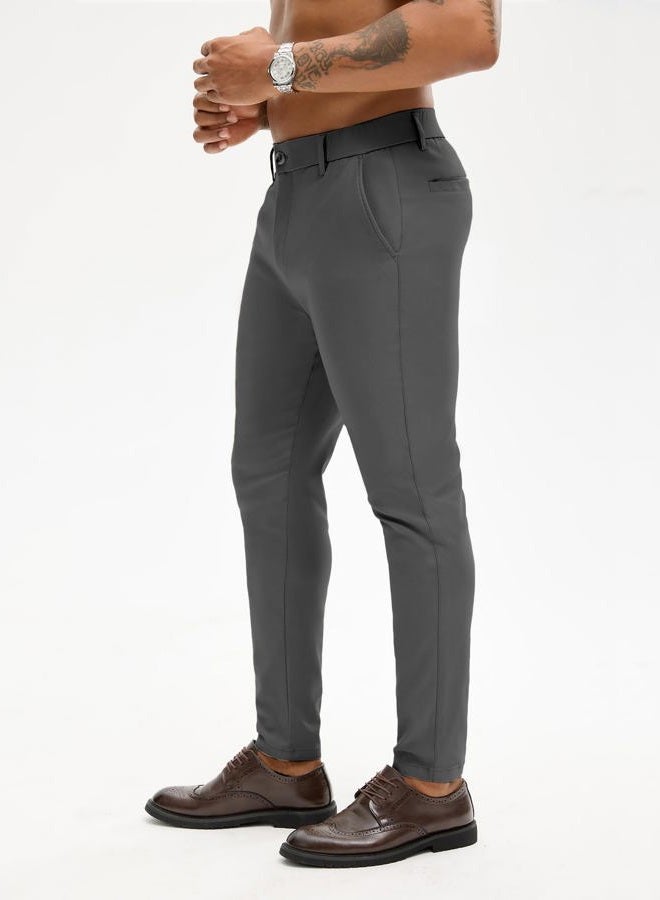 PLEPAN Men's Stretch Dress Pants Slim Fit Chino Casual Slacks Expandable Waist Golf Pant Tapered, Dark Gray, XXL - Image 3