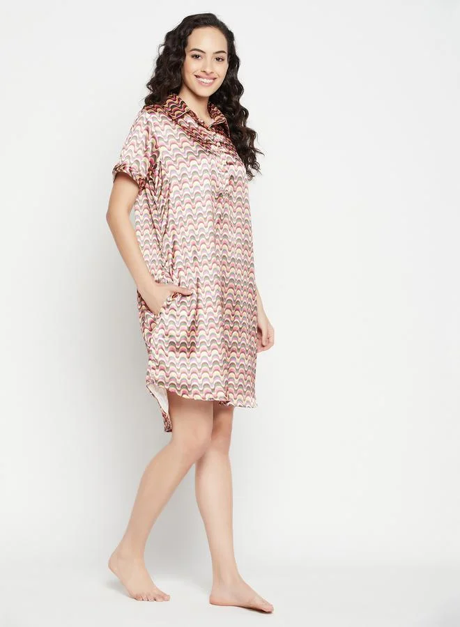 Clovia Clovia All-Over Print Half-Button Front Satin Nightdress