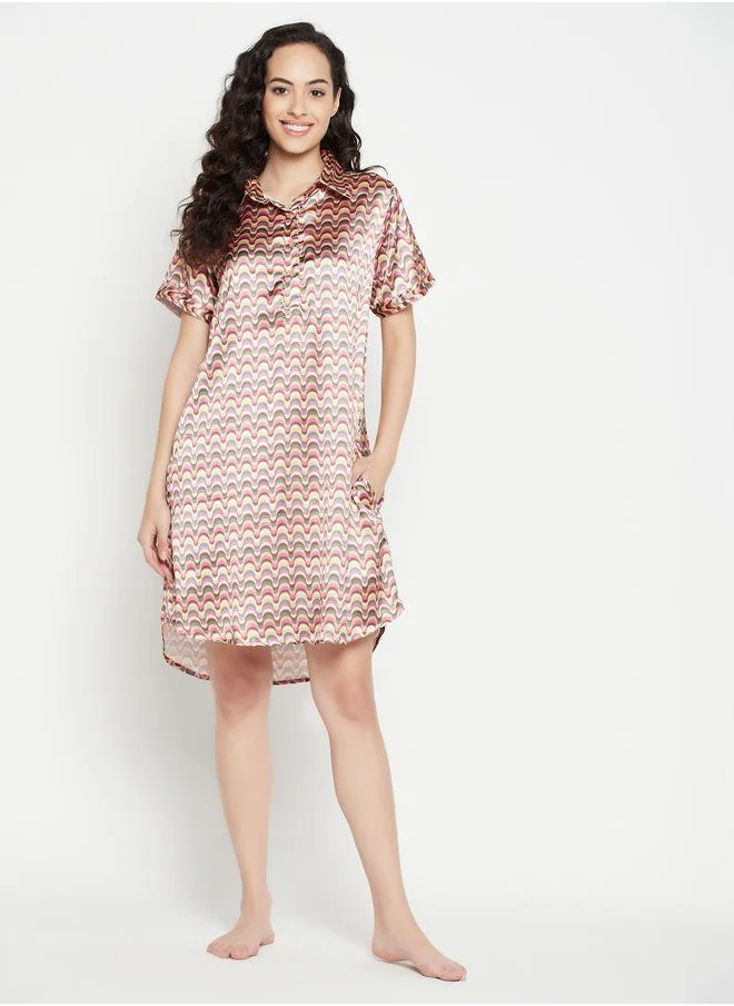 Clovia Clovia All-Over Print Half-Button Front Satin Nightdress