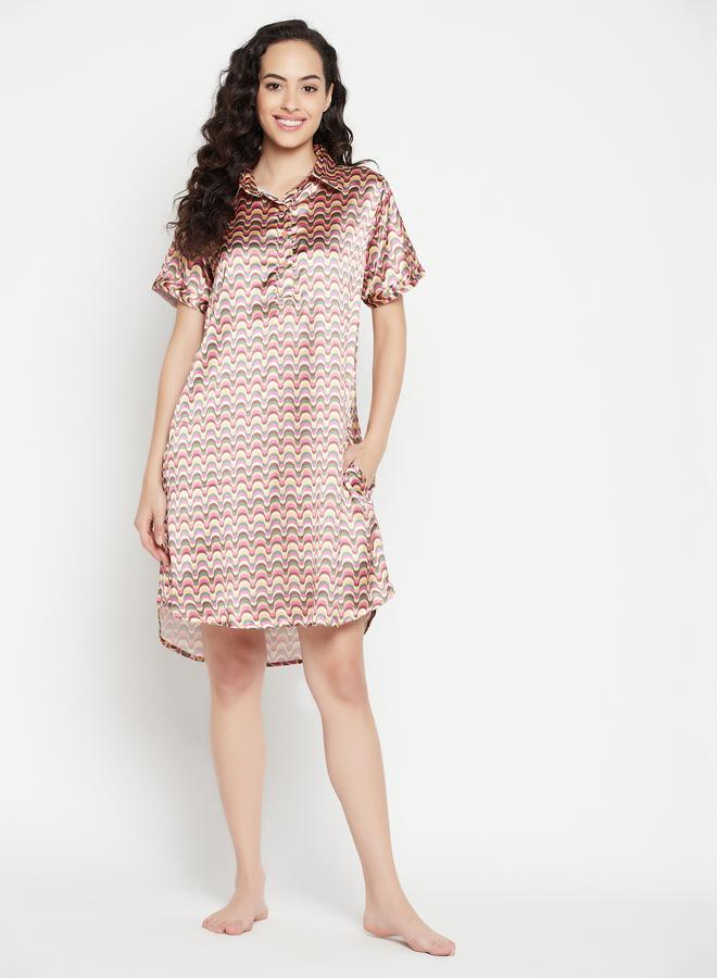 Clovia All-Over Print Half-Button Front Satin Nightdress - Image 1