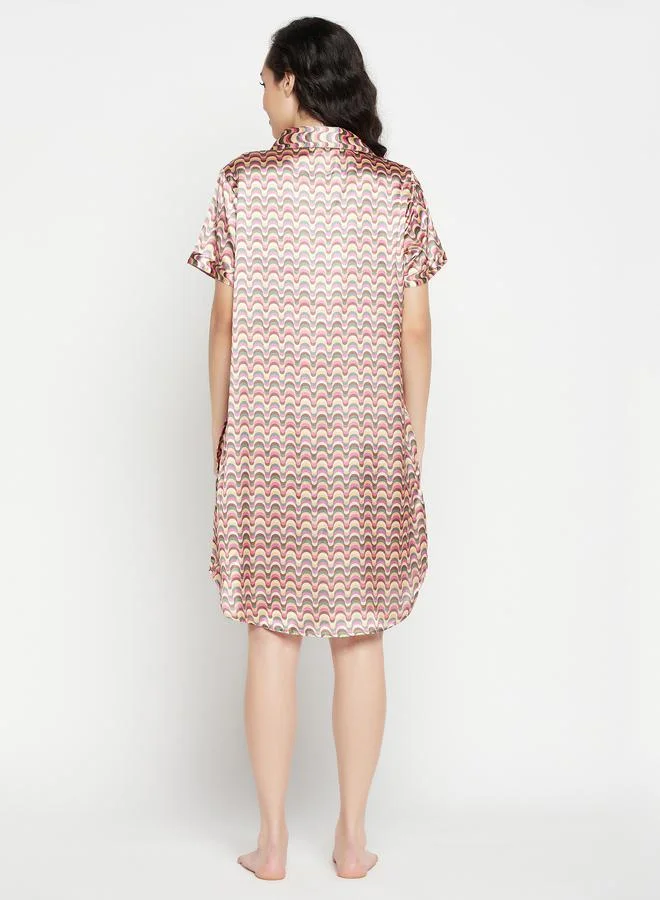 Clovia Clovia All-Over Print Half-Button Front Satin Nightdress