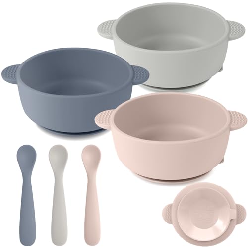 Eascrozn Silicone Baby Feeding Set 3 Pack Baby Bowls with Suction and 3 Pack Baby Spoons for Babies Toddlers Kids BPA Free Baby Utensils Feeding Supplies Microwave and Dishwasher Safe - Image 1