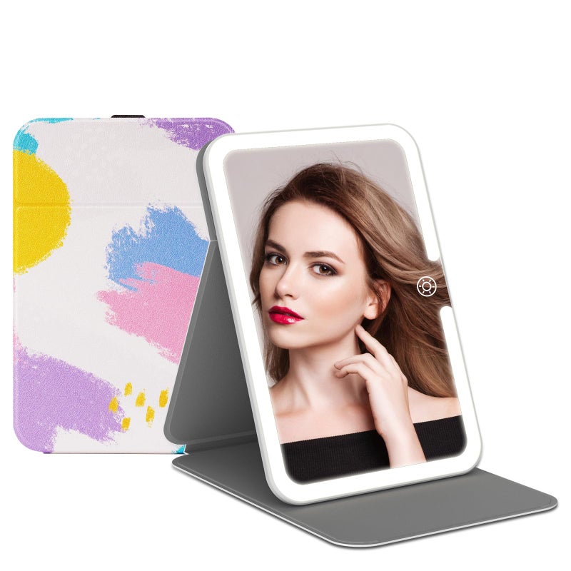 Rechargeable Travel Lighted Makeup Vanity Mirror with PU Leather Cover Portable Travel Makeup Mirror with Lights 3 Color LightingTouch Sensor Dimmable Light Up Tabletop Cosmetic Mirror Folding