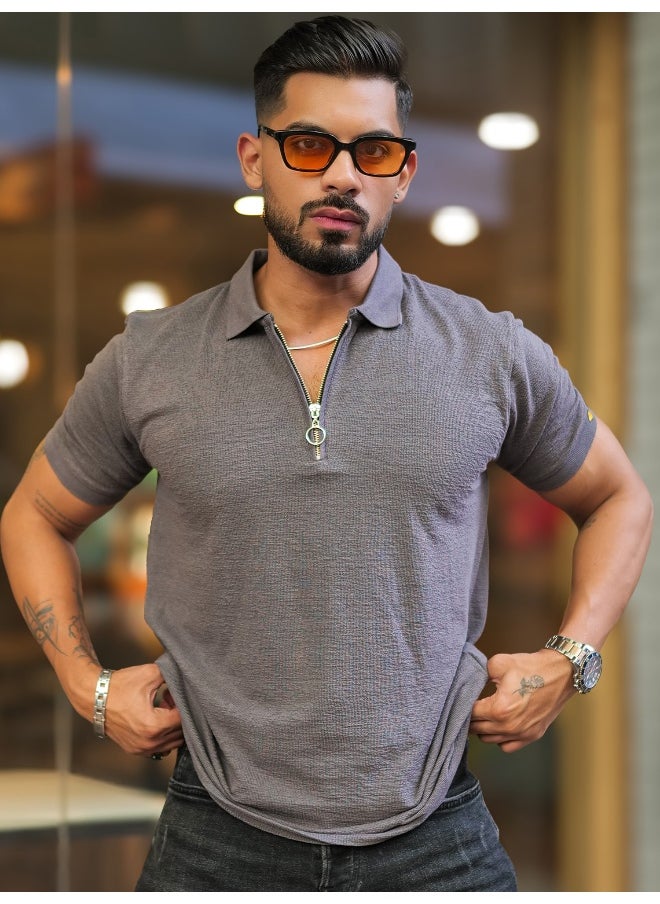 Maniac - Mens Solid Polo Neck Half  Zipper Half  Sleeve Dark Grey Slim Fit T-Shirt - Image 1