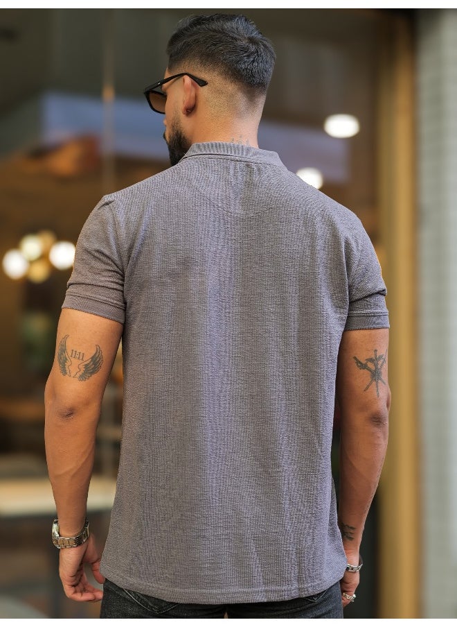 Maniac - Mens Solid Polo Neck Half  Zipper Half  Sleeve Dark Grey Slim Fit T-Shirt - Image 1