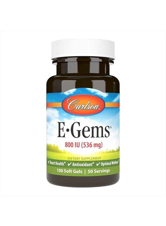 Carlson E-Gems 800 IU (536 mg), Natural-Source Vitamin E, Optimal Wellness, 50 Soft Gels - Image 1