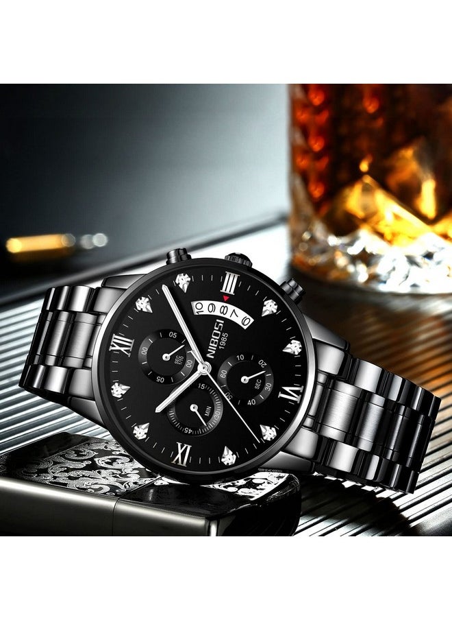 NIBOSI - NIBOSI Watch For Men Fashion Business Men Watches Ultra-Thin Waterproof Chronograph Quartz Watches With Stainless Steel Band, Band Color:Black - Image 1